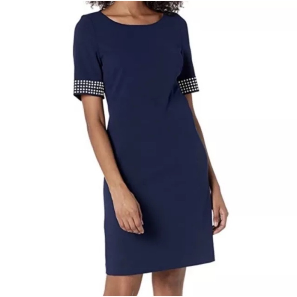 Karl Lagerfeld Paris Sheath Crepe Dress with Pearl Accent size 6 Navy